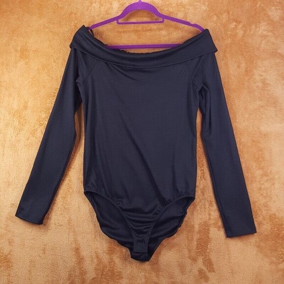 TIBI Womens Top Large Black Off Shoulder Bodysuit 100% Wool Stretch Knit - Picture 2 of 9